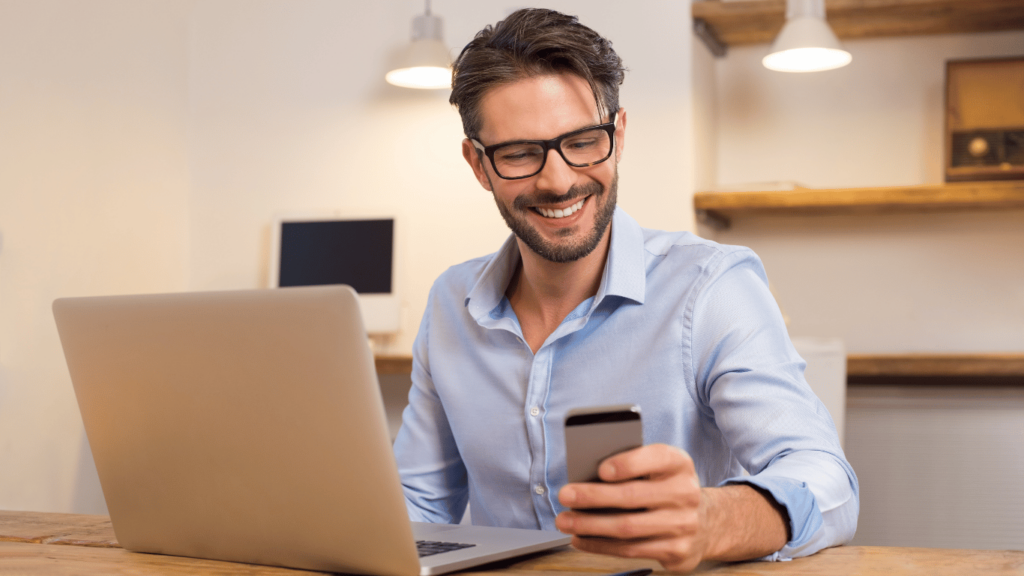 Online customer talking to a customer support agent with a satisfied and happy look on their face